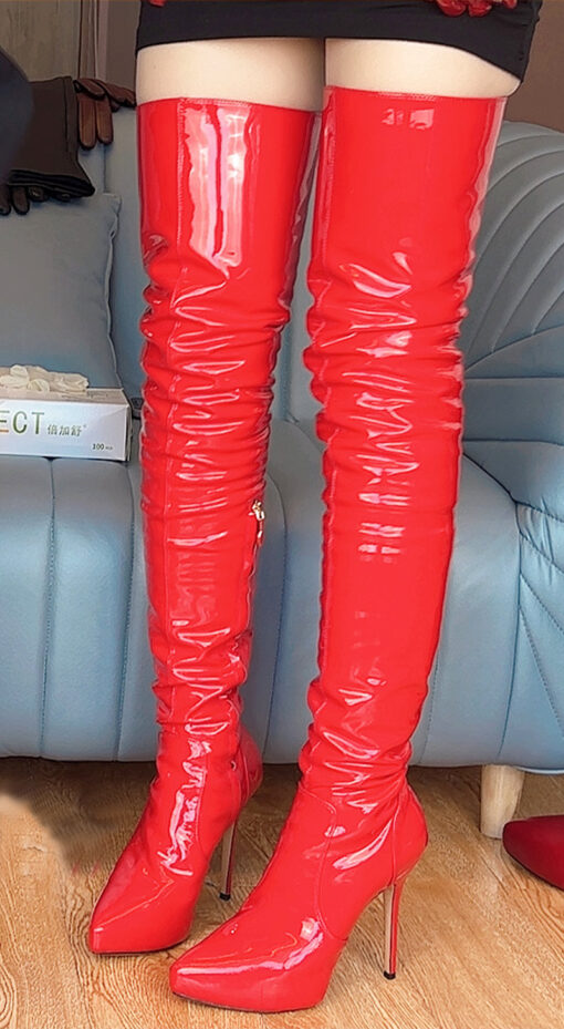 80% new in stock OBL-T-2420 Size 39 Red Mirror Patent Leather 12cm High Heel Small Pointed Toe Thigh Boots - 画像 (4)