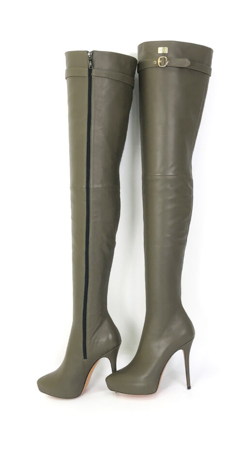 90% 新品在庫あり OBL-TB-2570 Size 38 Dark Green Mixed Sheepskin 12cm Small Pointed Toe Thigh Boots - 画像 (3)