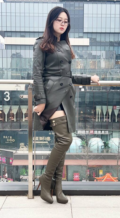 90% 新品在庫あり OBL-TB-2570 Size 38 Dark Green Mixed Sheepskin 12cm Small Pointed Toe Thigh Boots - 画像 (4)