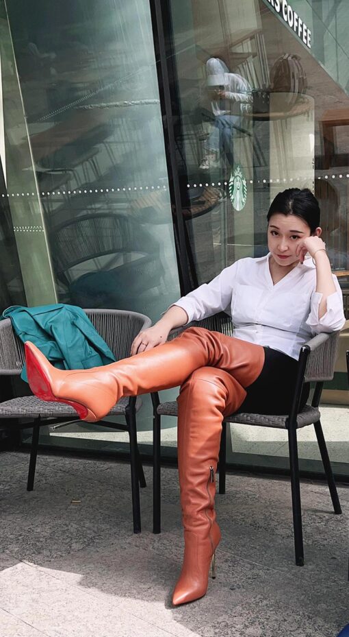 90% New In Stock Internet Brand Size 40 Light Brown Red High Quality Mixed Sheepskin 12cm Thigh Boots - 画像 (3)