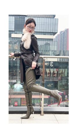 90% 新品在庫あり OBL-S-2568 Size 39 Dark Green Mixed Sheepskin 11cm Long Pointed Toe Thigh Boots