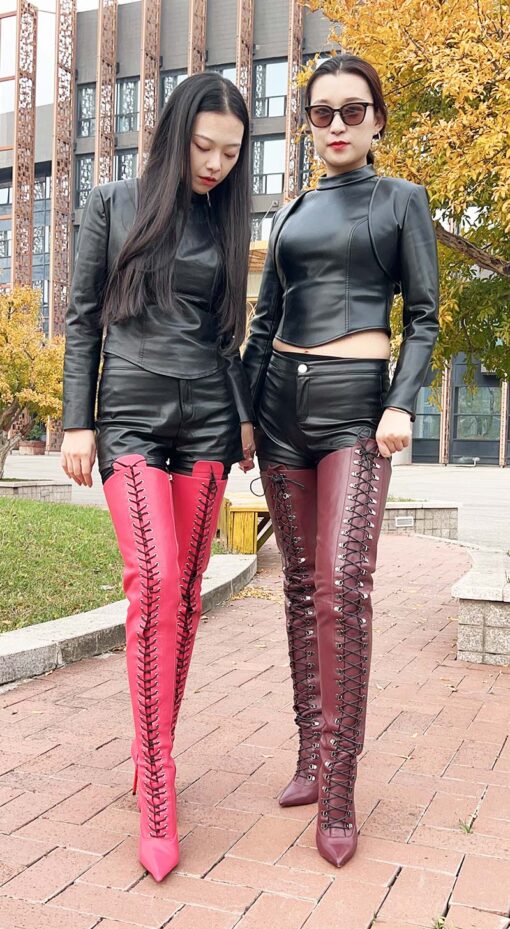 90% new in stock OBL-T-2442 Size 40 Burgundy Mixed Sheepskin 12cm Small Pointed Toe Long Lace Up Thigh Boots - 画像 (2)
