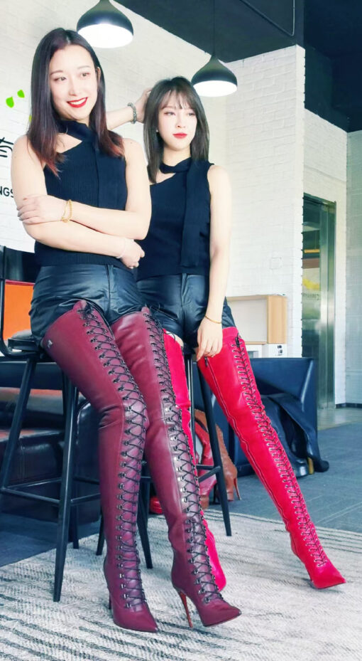 90% new in stock OBL-T-2442 Size 40 Burgundy Mixed Sheepskin 12cm Small Pointed Toe Long Lace Up Thigh Boots - 画像 (3)
